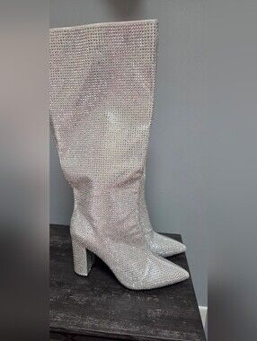 NEW!🔥Silver Rhinestone Knee-High Block Heel Boots Full Of SPARKLE!!!!!